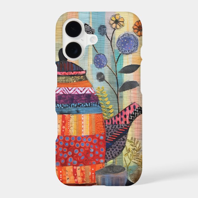Textile Teapot Garden – Folk Art Collage iPhone Case (Back)