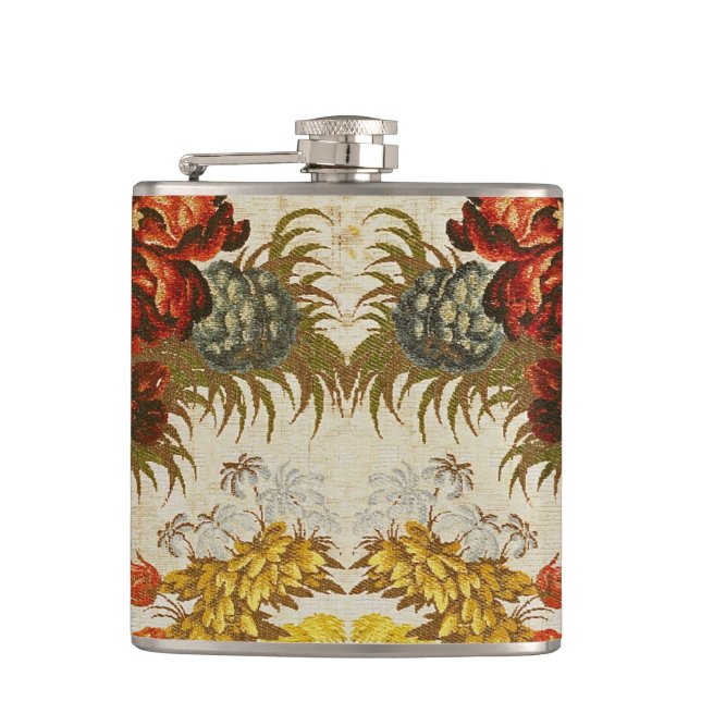 Textile with a repeating floral pattern hip flask (Front)