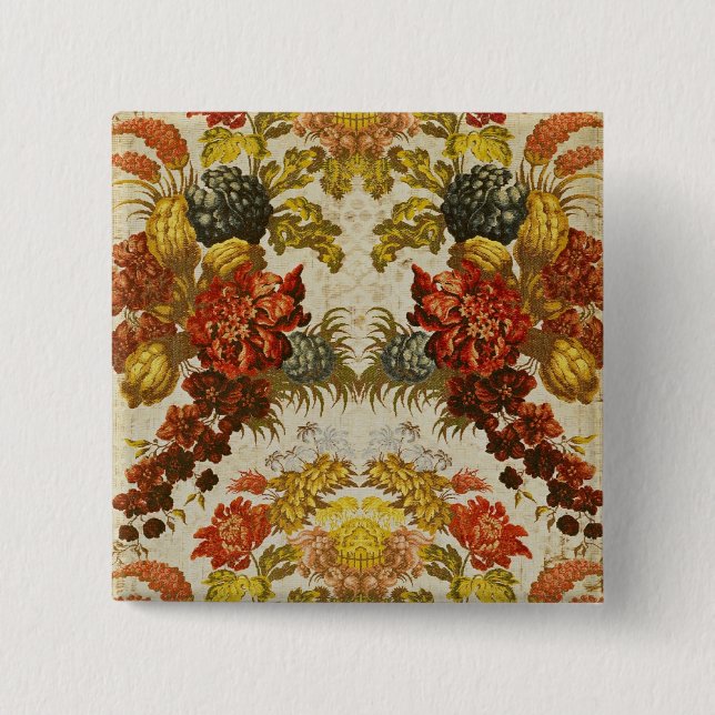 Textile with a repeating floral pattern pinback button (Front)