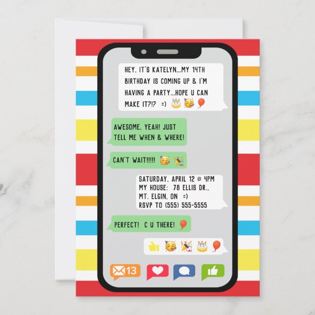 Texting Birthday Party Invitation, Teenage Party Invitation (Front)