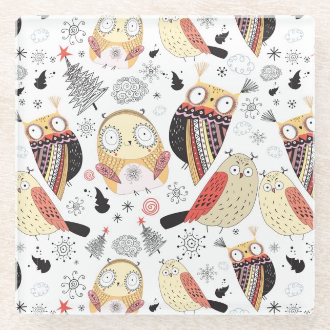 Texture funny owl glass coaster (Front)