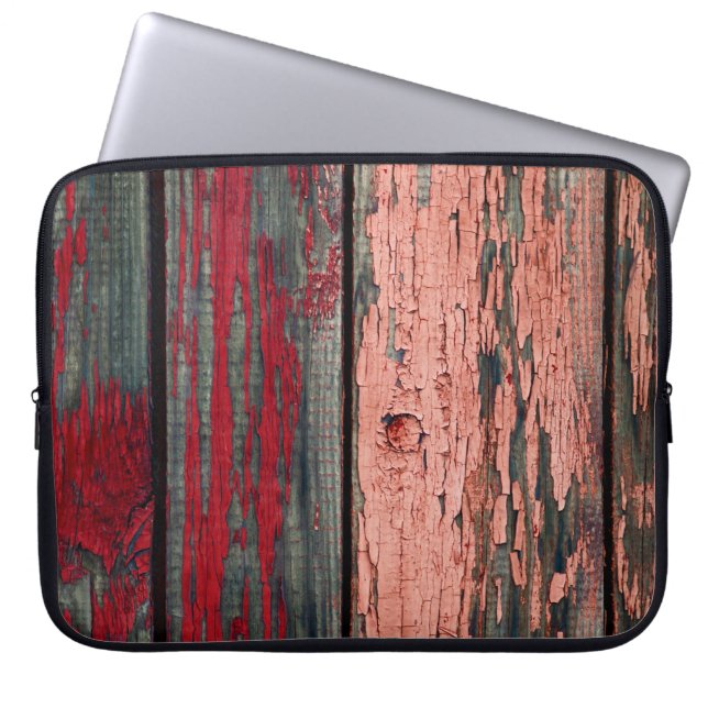 Texture of old wooden fence painted in red and ora laptop sleeve (Front)