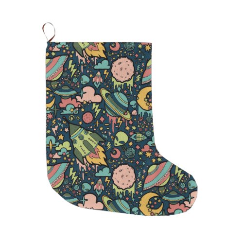 Texture Patterns Aliens Rockets Space Large Christmas Stocking