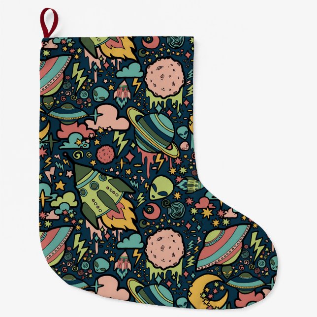 Texture Patterns Aliens Rockets Space Large Christmas Stocking (Front)
