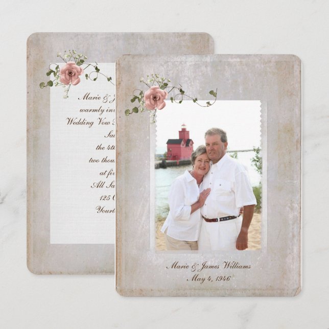 texture photo frame and rose bouquet invitation (Front/Back)
