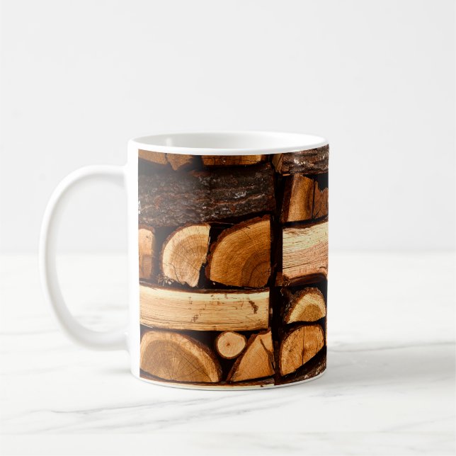 Texture. Pile of chopped fire wood stored, winterw Coffee Mug (Left)
