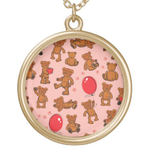 Texture With Teddy Bears, Hearts Gold Plated Necklace