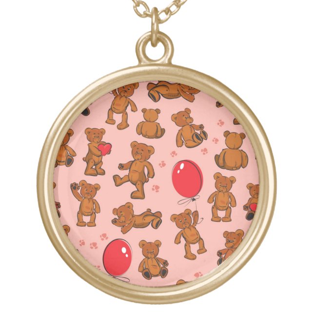 Texture With Teddy Bears, Hearts Gold Plated Necklace (Front)