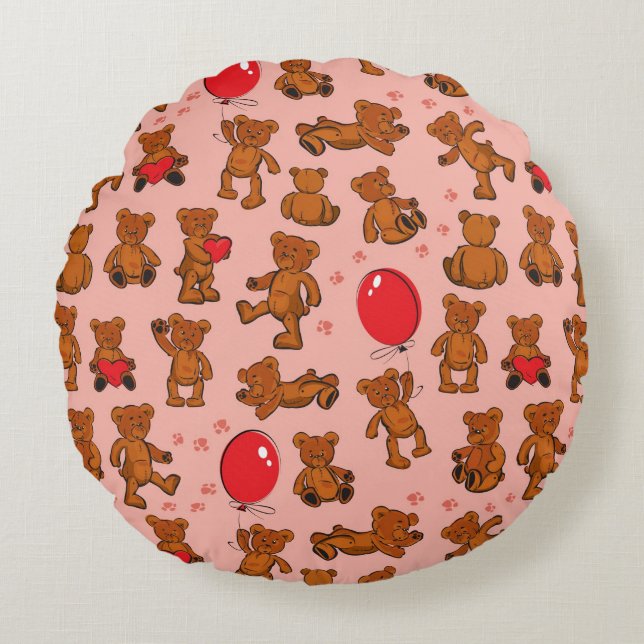 Texture With Teddy Bears, Hearts Round Pillow (Front)