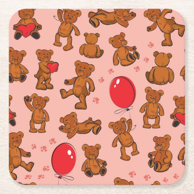 Texture With Teddy Bears, Hearts Square Paper Coaster (Front)