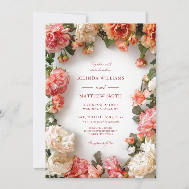 Textured 3D Floral Wreath Wedding Invitation (Front)