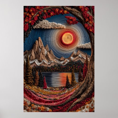 Textured Autumn Mountain Lake Red Sun Art Print