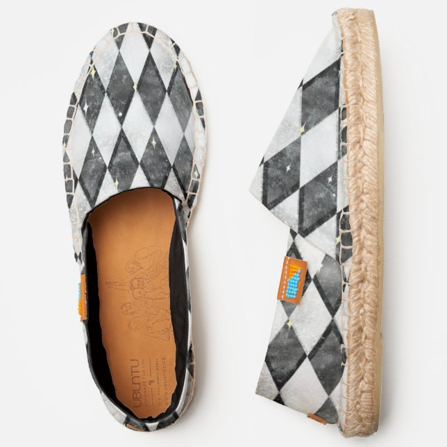 Textured black and white geometric diamond slip on espadrilles (Side)