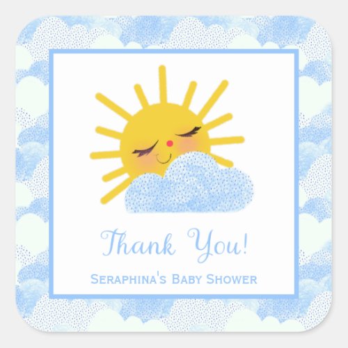 Textured Blue Clouds  Sun Baby Shower Thank You Square Sticker