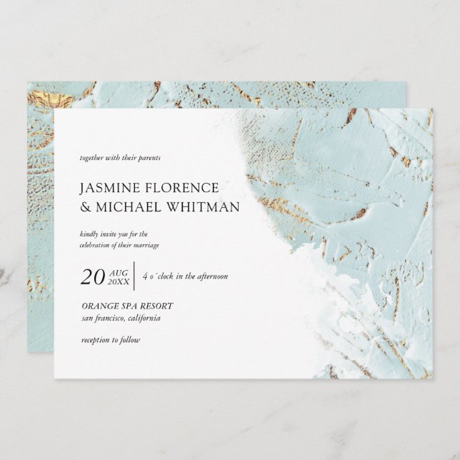 textured blue gold faux foil Wedding Invitation (Front/Back)