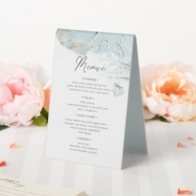 textured blue gold table number and wedding menu table tent (In SItu (Wedding))