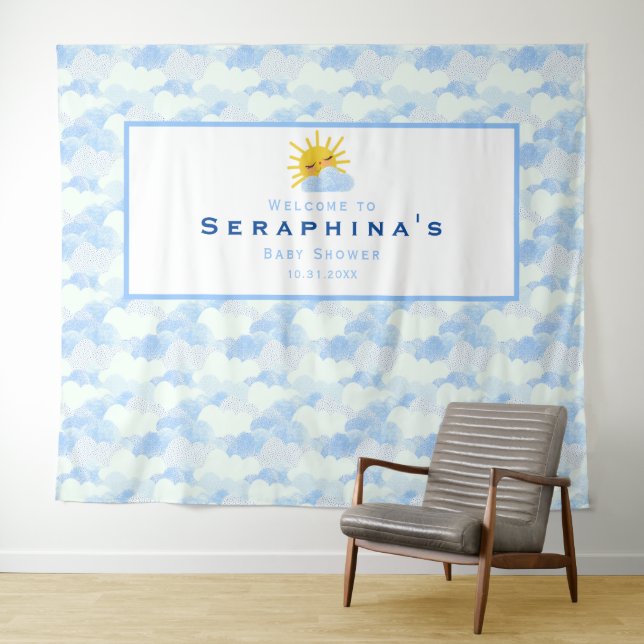 Textured Blue & White Clouds Baby Shower Backdrop (In Situ (Horizontal))