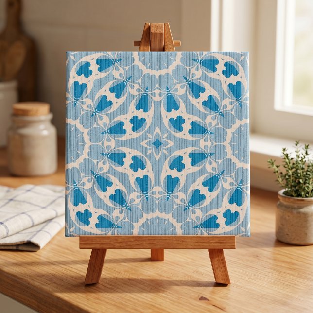 Textured Blue White Stylized Symmetrical Floral Ceramic Tile (Creator Uploaded)