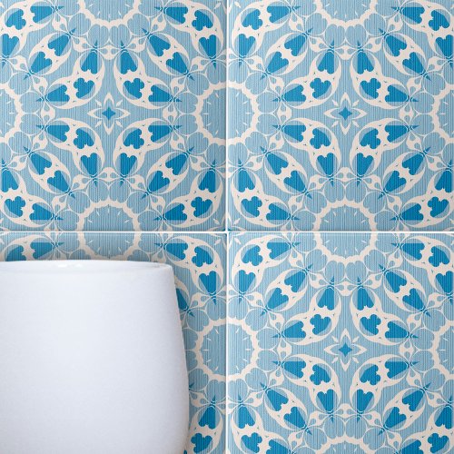 Textured Blue White Stylized Symmetrical Floral Ceramic Tile