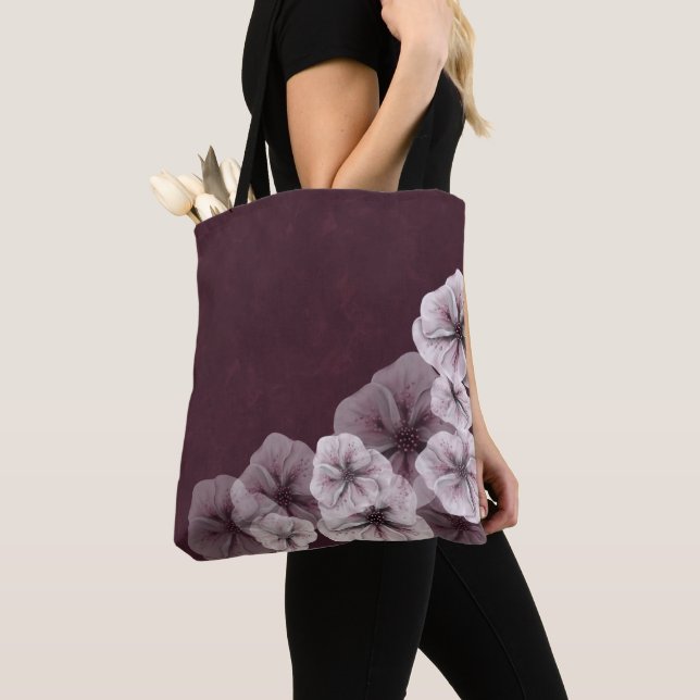 Textured Burgundy with Flowers Tote Bag (Close Up)
