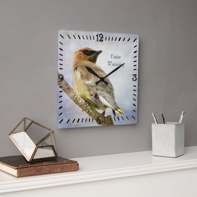 Textured Cedar Waxwing Square Wall Clock (Office)