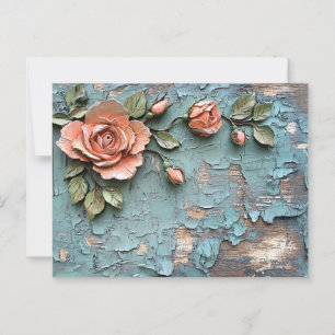 Textured Coral Roses on Distressed Teal Wood Postcard