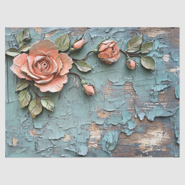 Textured Coral Roses on Distressed Teal Wood Tissue Paper (Front)