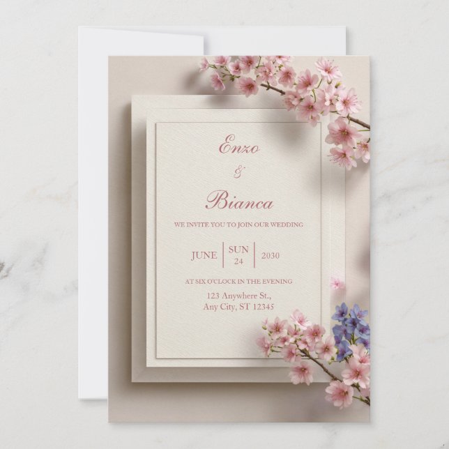 Textured Cream Pink Sakura Botanical Frame Wedding Invitation (Front)