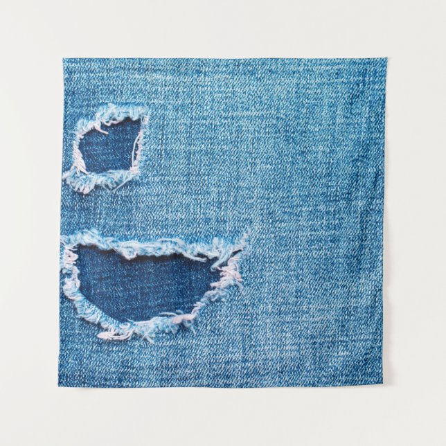 Textured denim background. Torn hole in the fabric Tapestry (Front)