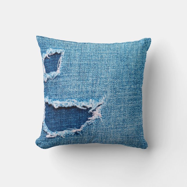Textured denim background. Torn hole in the fabric Throw Pillow (Front)