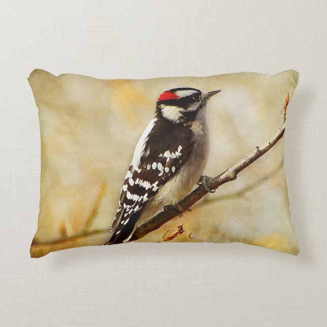 Textured Downy Woodpecker Outdoor Accent Pillow (Front)