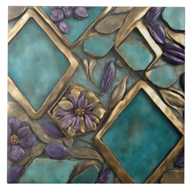 Textured Floral Artwork in Turquoise and Gold Ceramic Tile (Front)