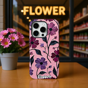 Textured Floral Pattern with Purple Flowers iPhone 16 Pro Case