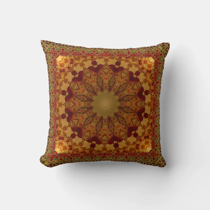 Textured Framed Rust And Gold Mandala Throw Pillow | Zazzle