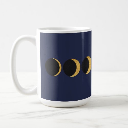 Textured gold moon phases on a dark navy night sky coffee mug