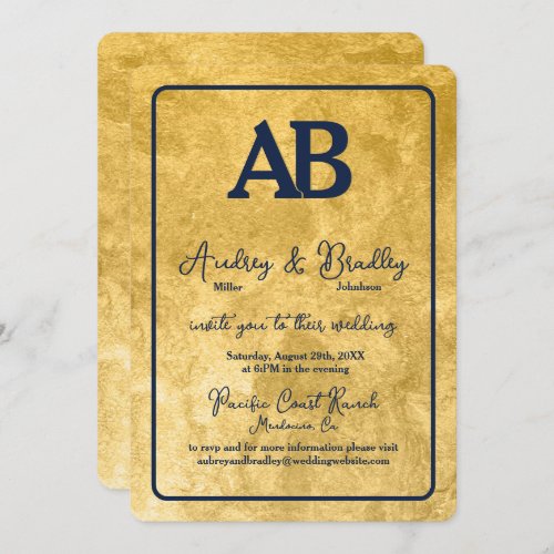 Textured Gold Navy Blue 2 Letter Monogram Wedding Invitation