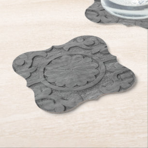 Textured Gray Teak Wood Scroll Design Custom Paper Coaster
