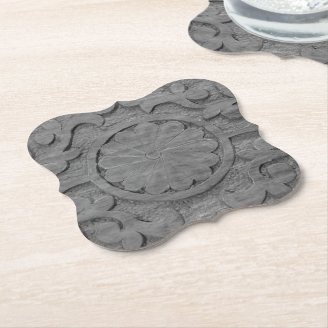 Textured Gray Teak Wood Scroll Design Custom Paper Coaster (Angled)