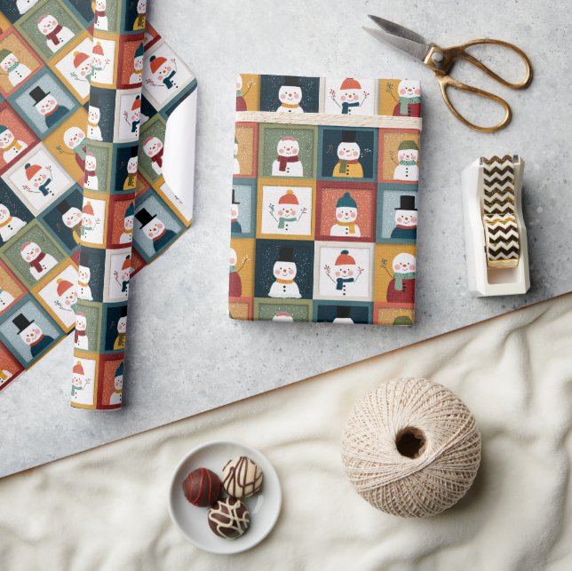 Textured Grid of Festive Snowmen Wrapping Paper (Crafts)