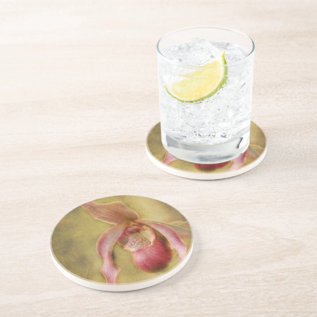 Textured Lady Slipper Orchid Sandstone Coaster (Side)
