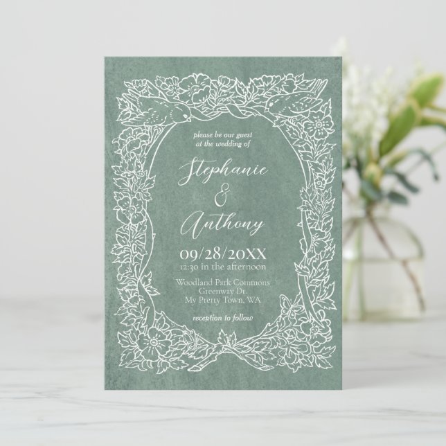 Textured Light Sage Green Wildflower Bird Wedding Invitation (Standing Front)