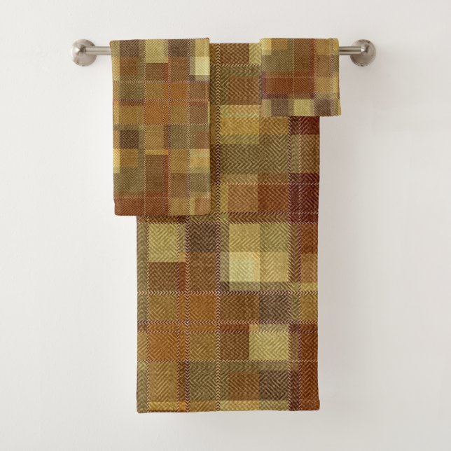 Textured monochrome brown tartan plaid. bath towel set (Insitu)