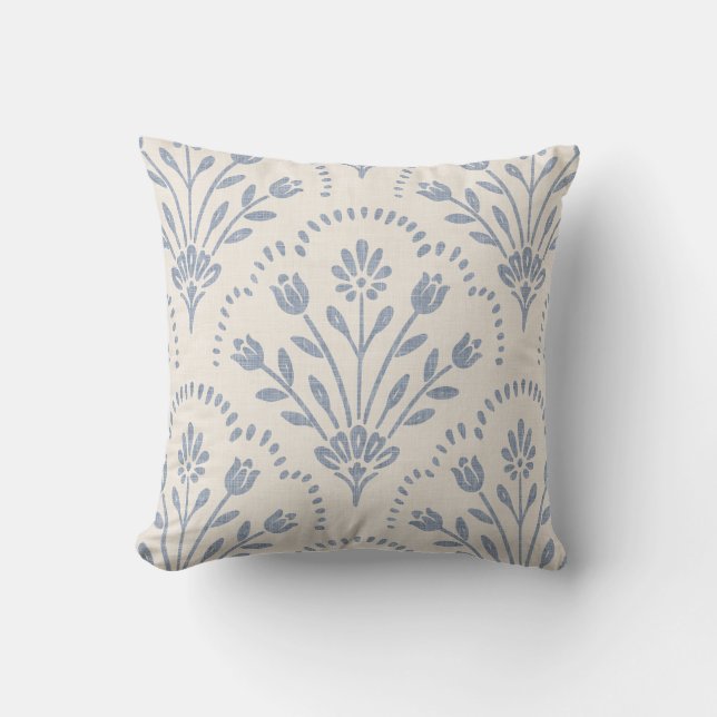 Textured Muted Blue Floral Scallop Pattern Throw Pillow (Front)