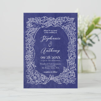 Textured Navy Blue White Wildflower Bird Wedding Invitation