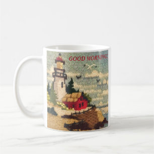 TEXTURED NEEDLEPOINT LIGHTHOUSE PEACEFUL SEASCAPE COFFEE MUG