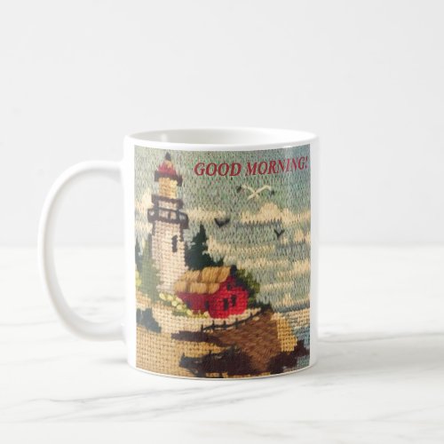 TEXTURED NEEDLEPOINT LIGHTHOUSE PEACEFUL SEASCAPE  COFFEE MUG