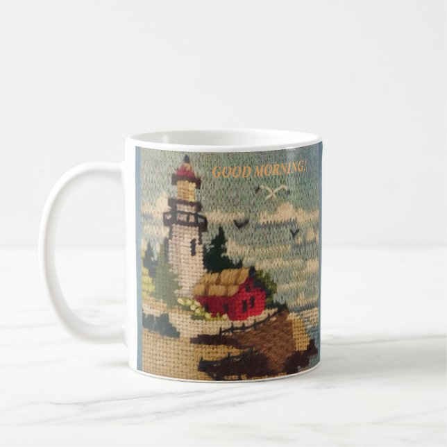 TEXTURED NEEDLEPOINT LIGHTHOUSE PEACEFUL SEASCAPE  COFFEE MUG (Left)