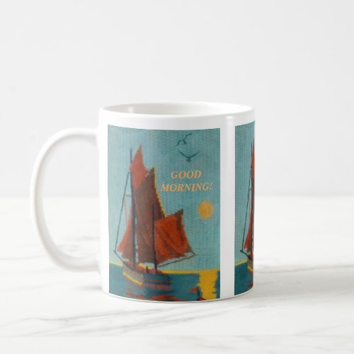 TEXTURED NEEDLEPOINT SAILBOAT PEACEFUL SEASCAPE  COFFEE MUG