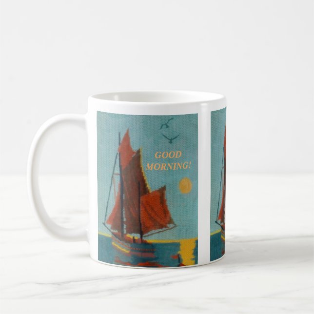 TEXTURED NEEDLEPOINT SAILBOAT PEACEFUL SEASCAPE  COFFEE MUG (Left)