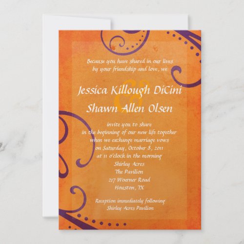 Textured Orange with Plum Swirls Wedding Invite